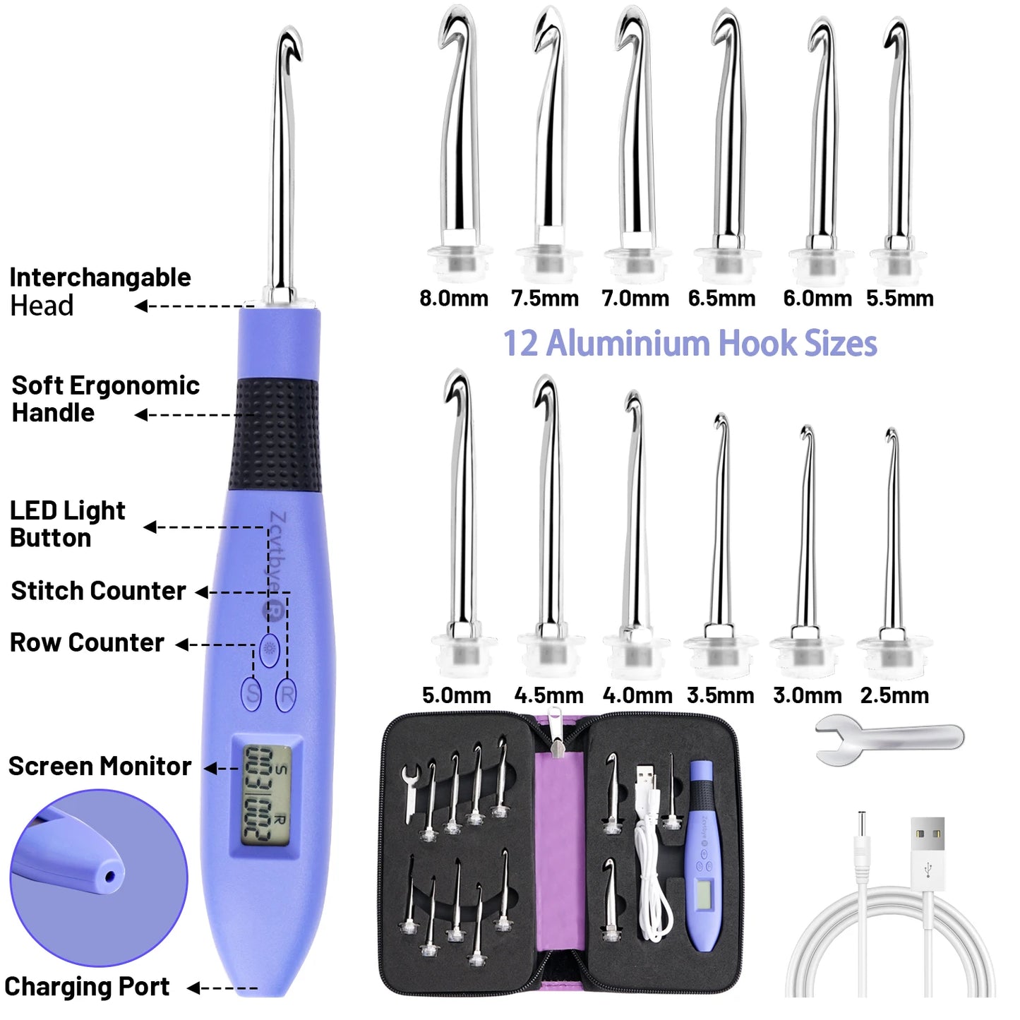 Ergonomski komplet kvačk z LED lučko in števcem vrstic (12 velikosti, 2,5–8 mm)