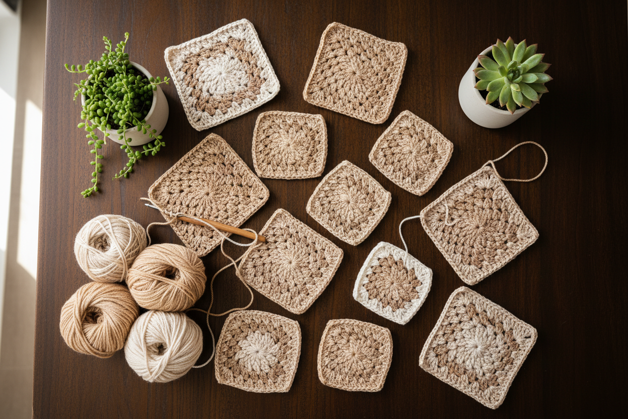 Cozy crochet workspace on a dark wooden table with neutral-colored granny squares in beige and cream tones. Soft natural lighting, yarn balls in matching colors, a crochet hook, and two small succulent plants in white pots. Warm, handmade, natural aesthetic.