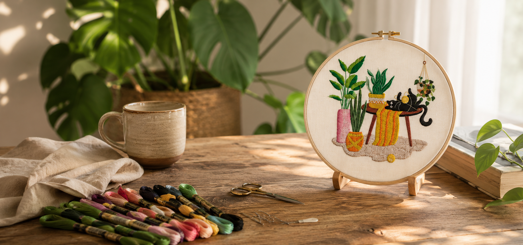 A round embroidery hoop displaying a colorful embroidered scene of a black cat lounging on a yellow sofa with potted plants, set on a wooden table with a mug, plants, and embroidery floss in a sunlit room.