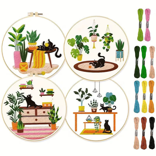 4-piece cat embroidery kit with four botanical designs for beginners