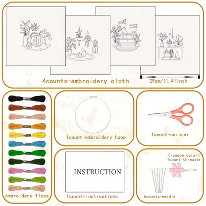 Step-by-step embroidery kit instructions for beginners showing how to prepare the hoop and embroidery thread