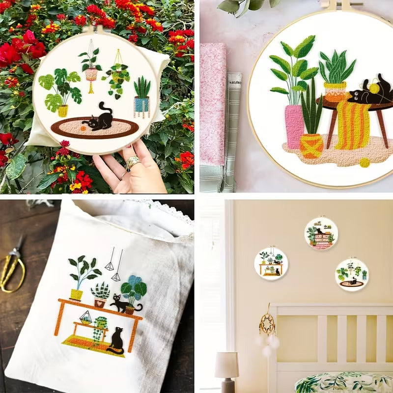 Finished cat embroidery designs displayed as handmade décor