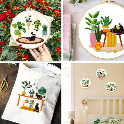 Finished cat embroidery designs displayed as handmade décor