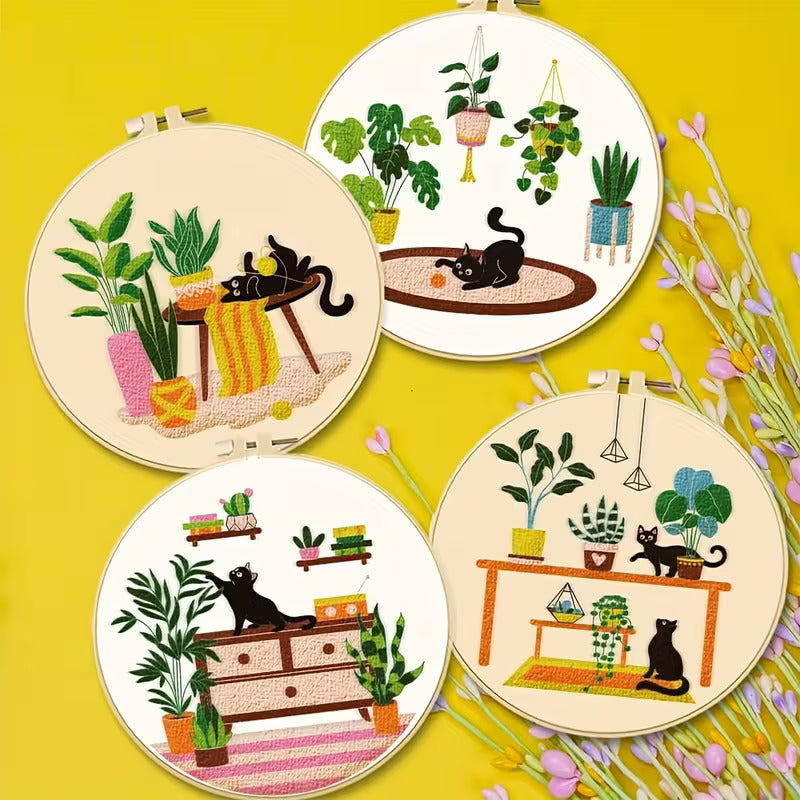 4-piece cat embroidery kit with four botanical designs for beginners