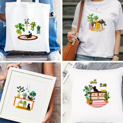 Finished cat embroidery designs displayed as clothes and décor