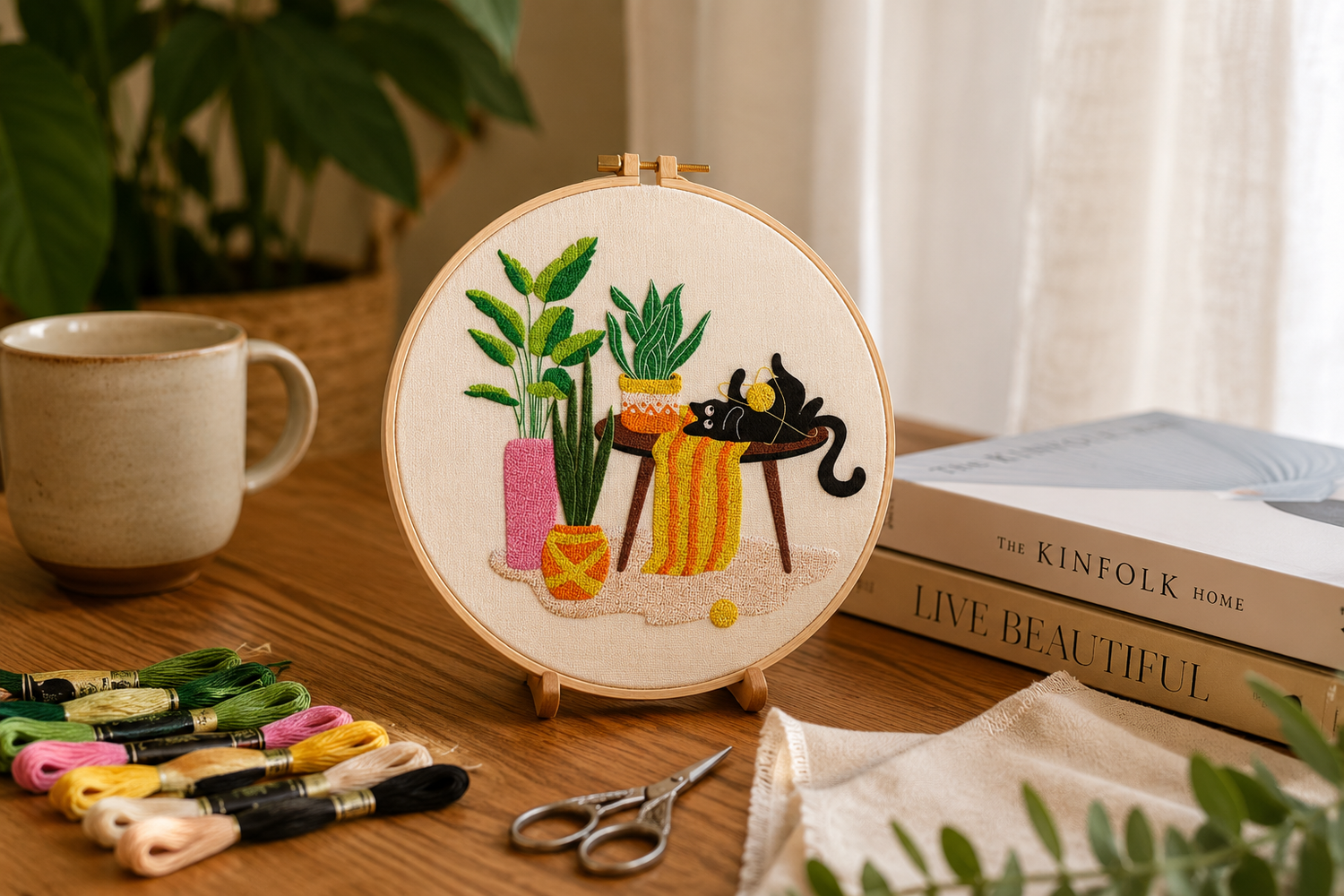 A circular embroidery hoop displaying a colorful embroidered design of potted plants, a yellow striped cushion, and a black cat, styled on a wooden table with a mug, scissors, thread spools, and books.