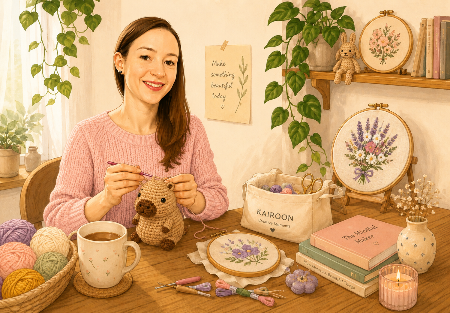 A woman sits at a wooden table in a cozy, warmly lit room, crocheting a small plush toy. The table is styled with knitting and embroidery supplies, including yarn balls, a white canvas bag labeled 'KAIROON', a pink book, and a lit candle.