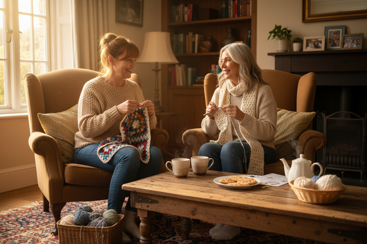 two female friends crocheting together, aged around 50, white european, at home in a living room, drinking trea